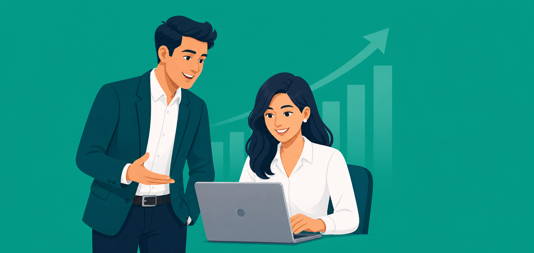 Two business professionals reviewing performance on a laptop